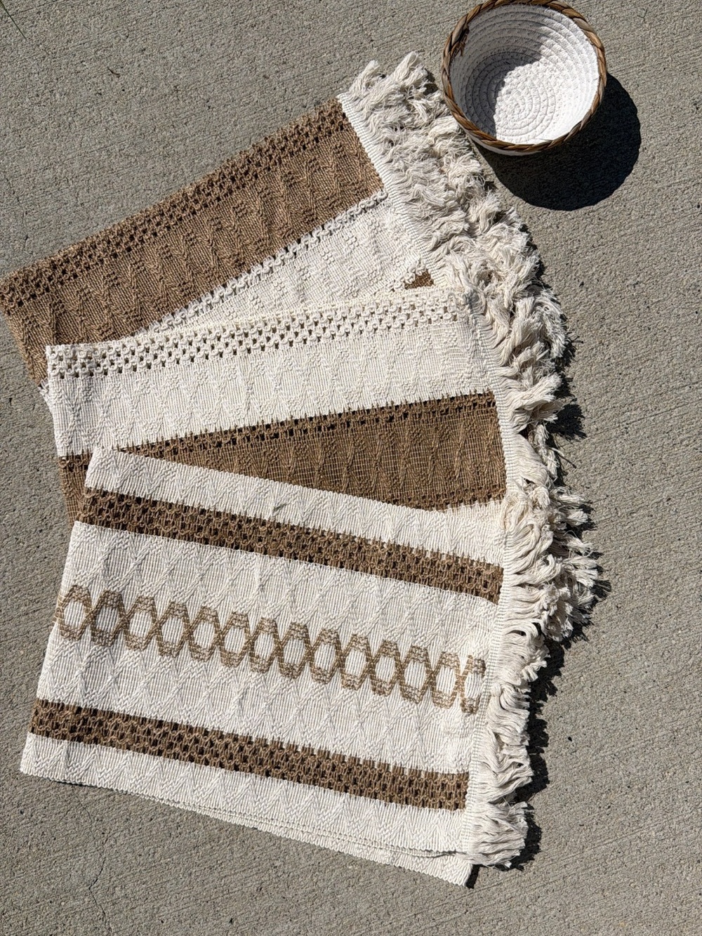 Boho Table Runners 69” & Woven Basket - Cream & Brown, Cottagecore, Farmhouse